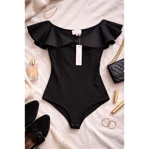 Devlin Black Off Shoulder Ruffle Bodysuit Size S Elegant Romantic NWT‎